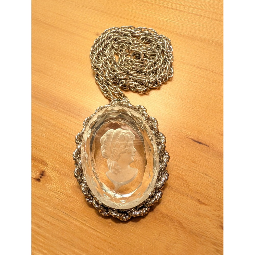 Clear Glass Intaglio Cameo Pendant Necklace Silver Tone Reverse Carved Open Back